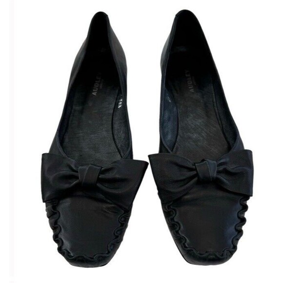 AUDLEY Heel Flats Bow Leather Loafers Black Preppy Chic Comfort Slip On EU 38.5 - Picture 1 of 8